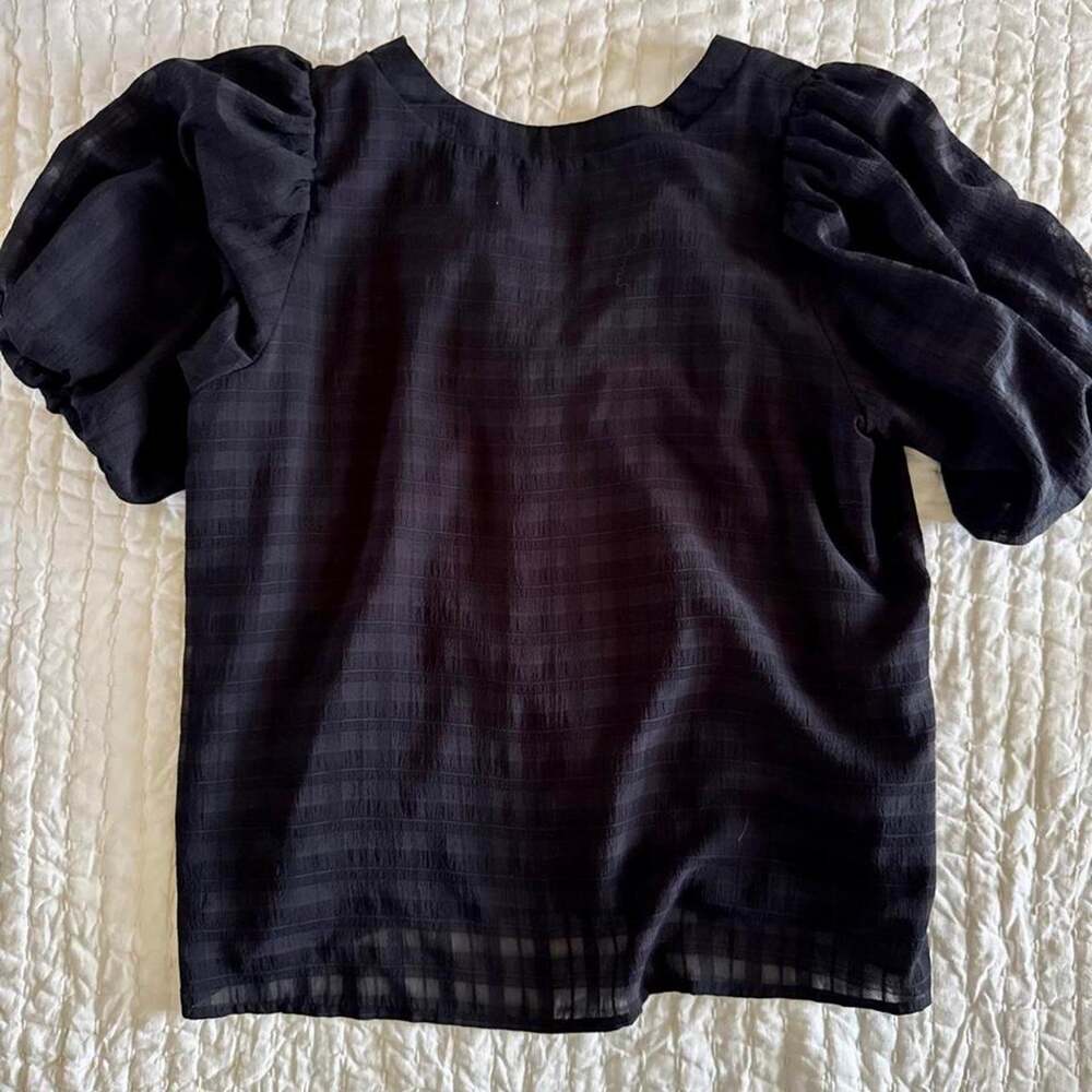 Loft textured black short puff sleeve blouse goth minimalist M - Picture 2 of 6